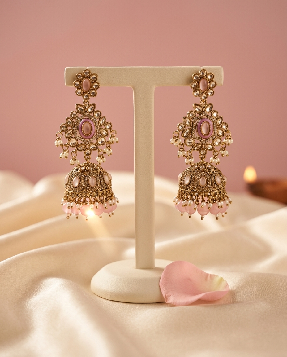 Gulnaar pink jhumkas displayed on stand, mehndi polish finish