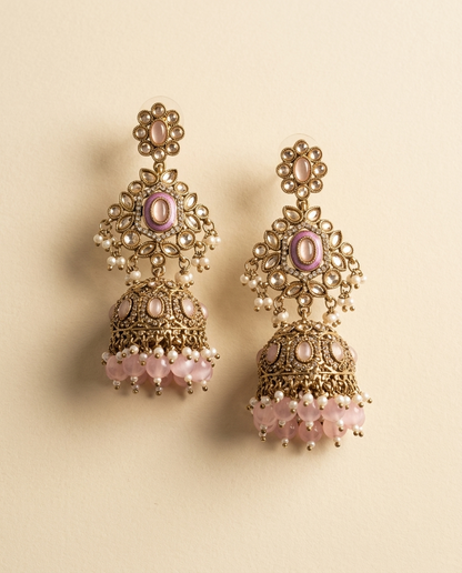 Gulnaar pink minakari jhumka earrings in antique gold – Hishen Jewelz