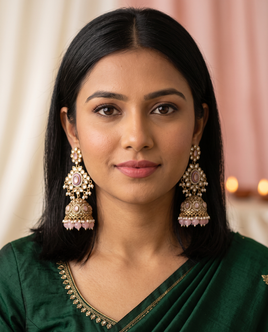 Daughter wearing Gulnaar pink dangling jhumkas – Hishen Jewelz Papa ni Pari