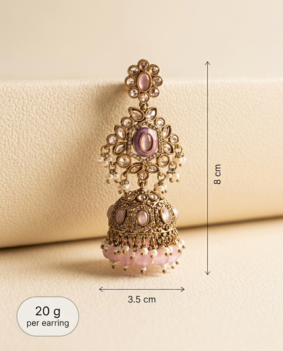 Gulnaar pink jhumka earrings size scale – 8 cm drop, 3.5 cm wide, 20 g per earring